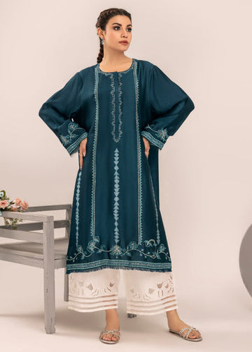 Teal blue embroidered semi formal front view