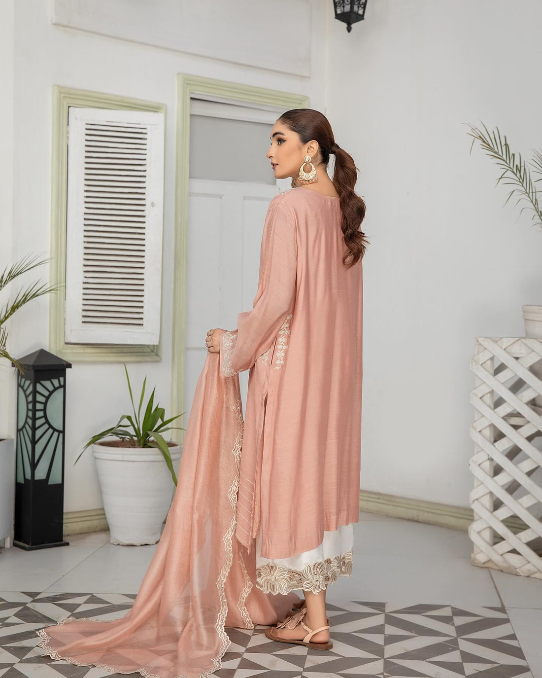 Tea pink embroidered semi formal with aar work and scalloped edges