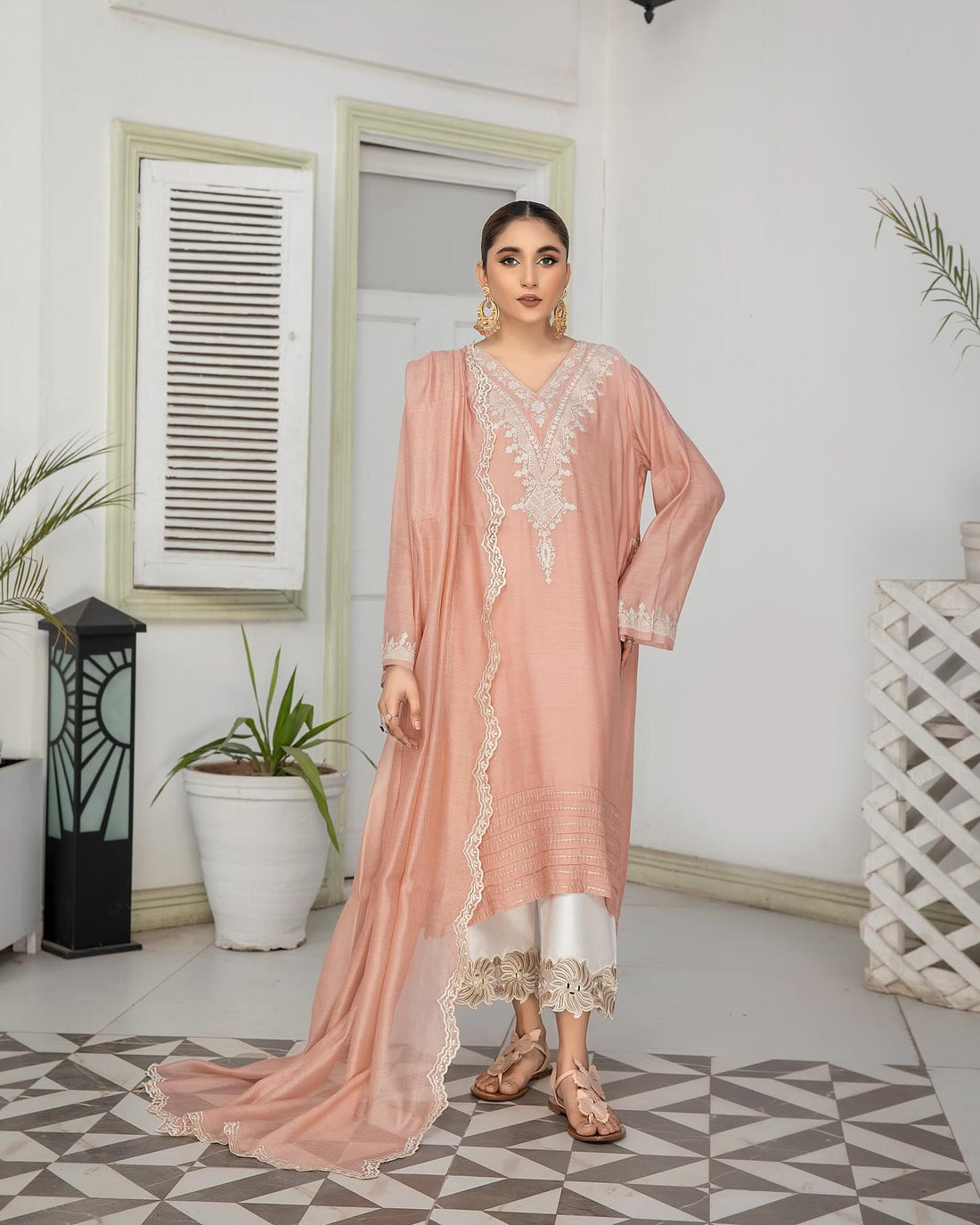 Tea pink embroidered semi formal with aar work and scalloped edges