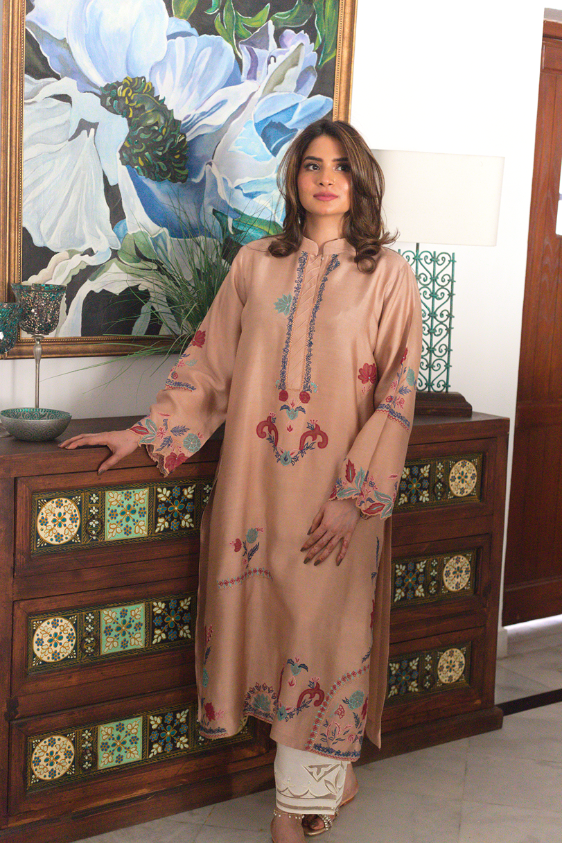 Back view of golden brown semi formal outfit