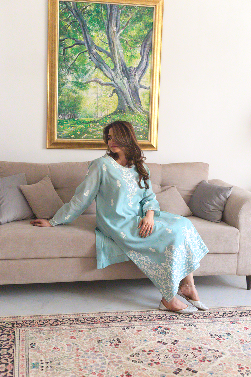 Matching izzar pants with ice blue kurta