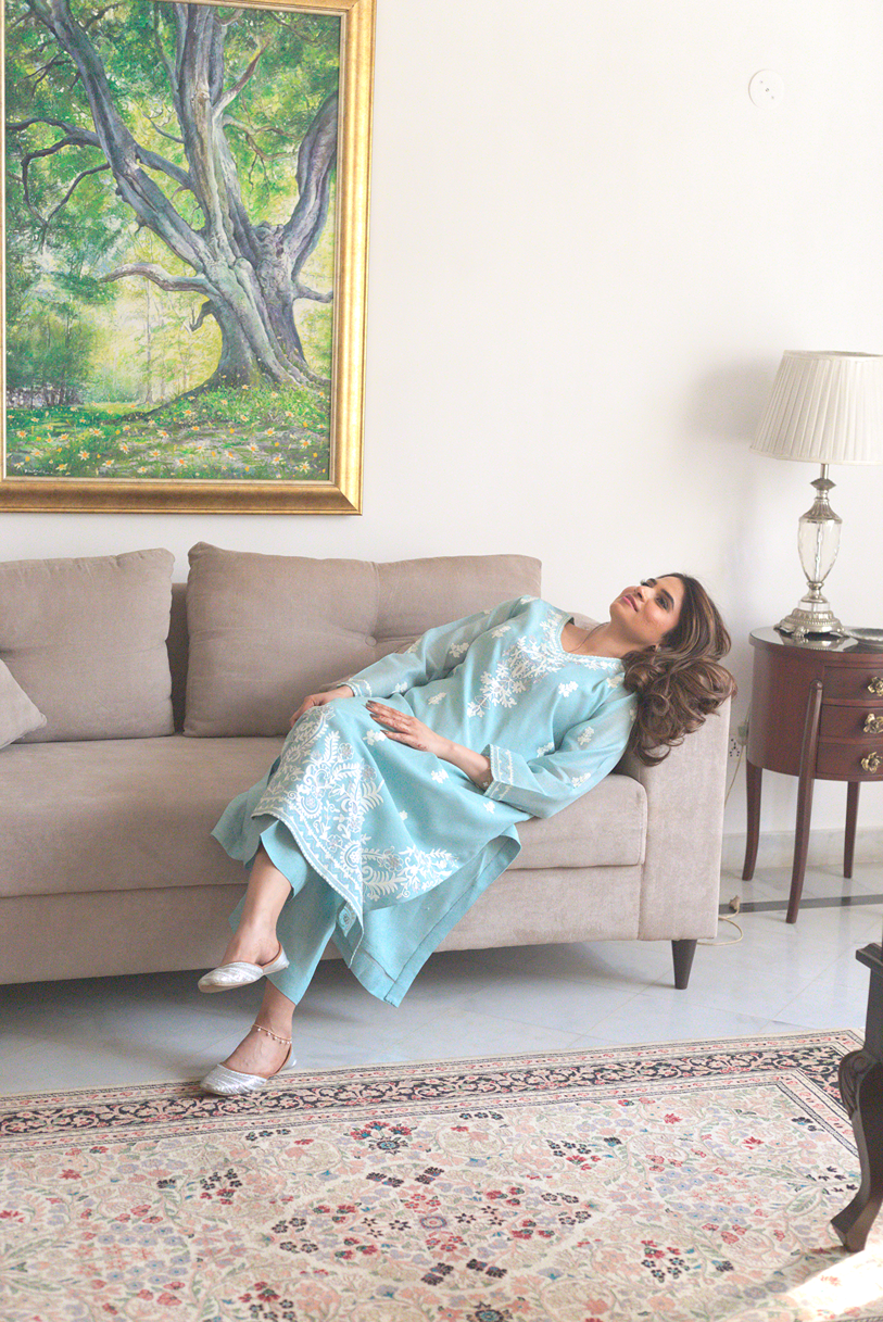 Elegant embroidered semi formal dress for daytime wear