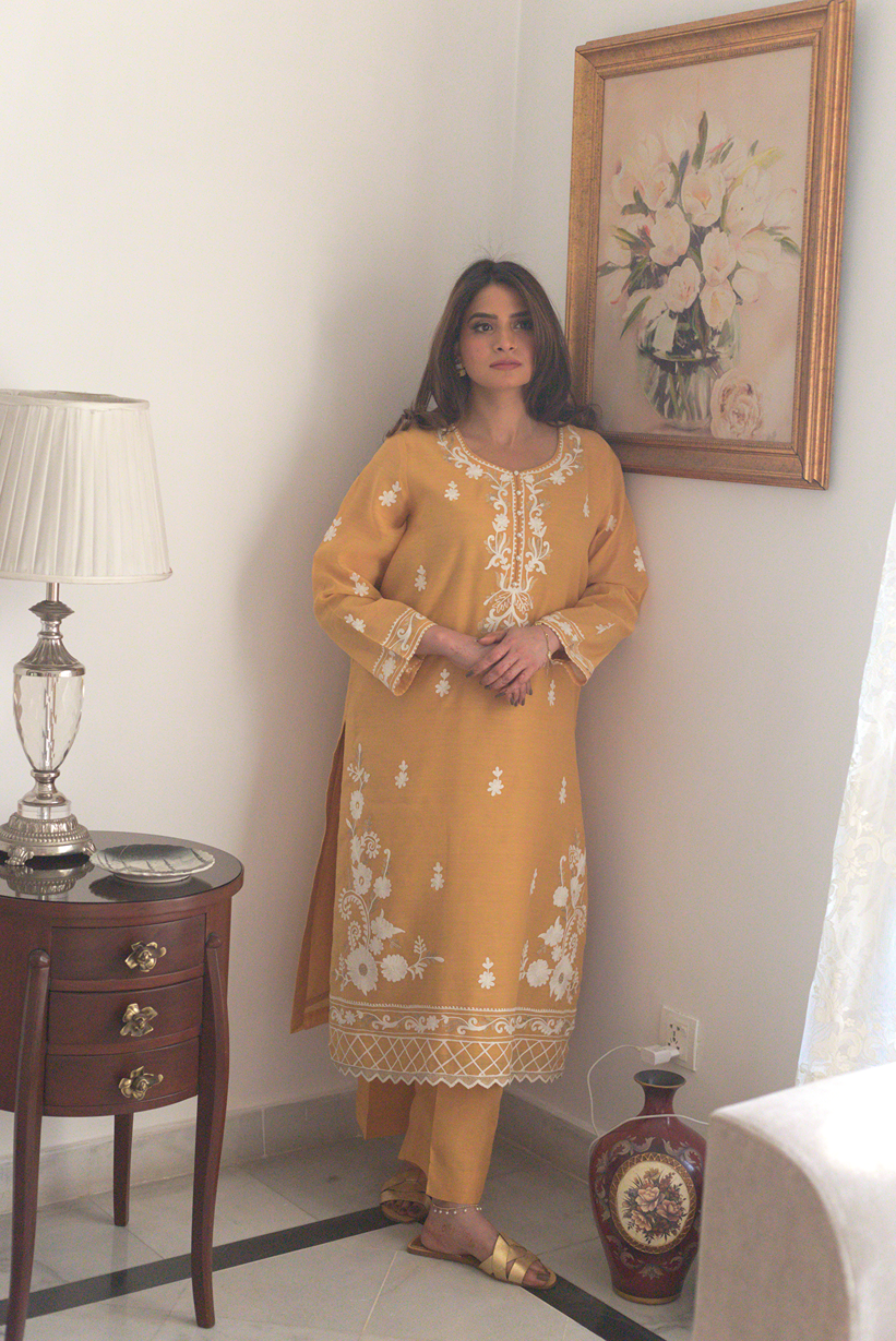 Mustard embroidered semi formal kurta front view