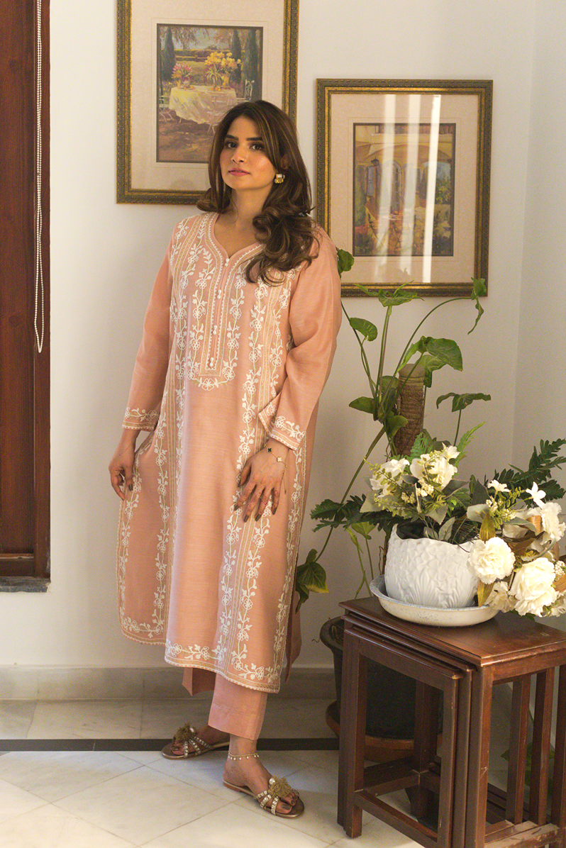Peach embroidered semi formal kurta front view