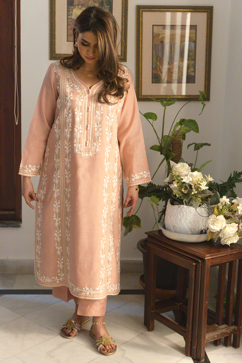 V-neckline detail of embroidered semi formal outfit