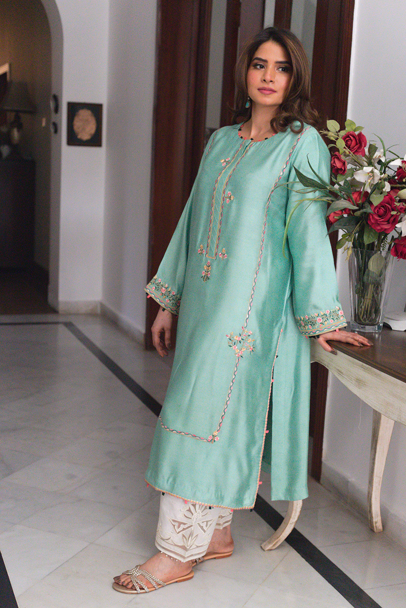 Sage green embroidered semi formal kurta front view