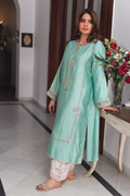 Floral embroidery detail on sage green semi formal shirt