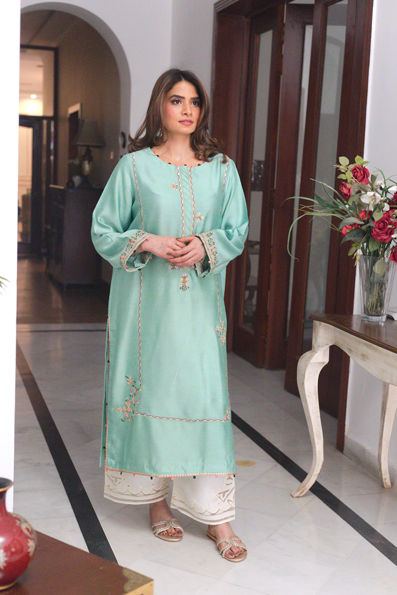 Embroidered sleeves on khadi silk semi formal kurta