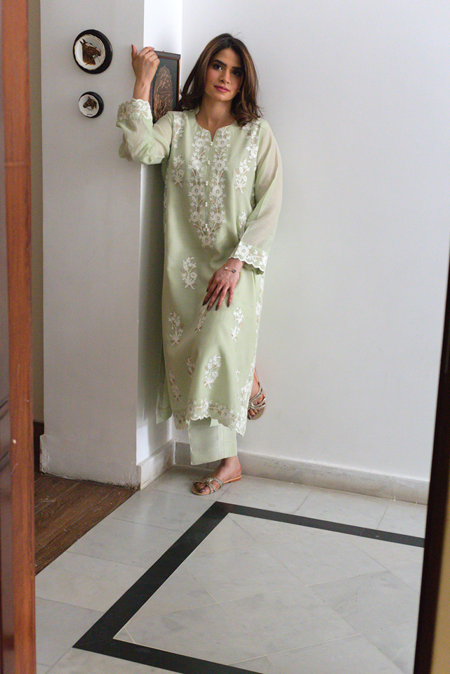 Pastel green embroidered semi formal kurta front view