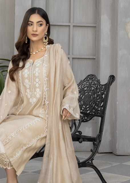 Beige embroidered semi formals with scalloped dupatta

