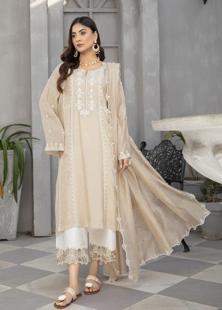 Beige embroidered semi formals with scalloped dupatta

