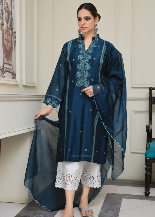 Teal blue khadi silk shirt with intricate embroidery - semi formals