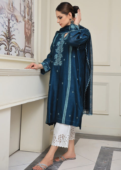 Teal blue khadi silk shirt with intricate embroidery - semi formals