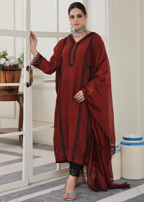 Maroon embroidered semi formals front view

