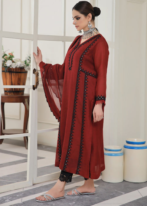 Maroon embroidered semi formals front view


