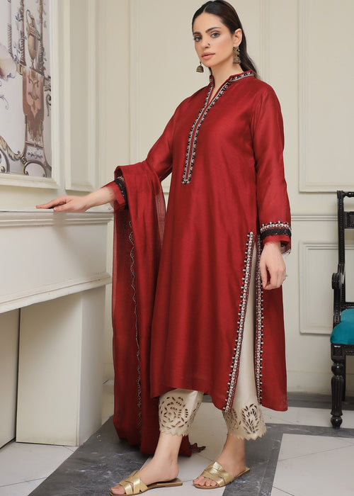 Maroon embroidered semi formal front view

