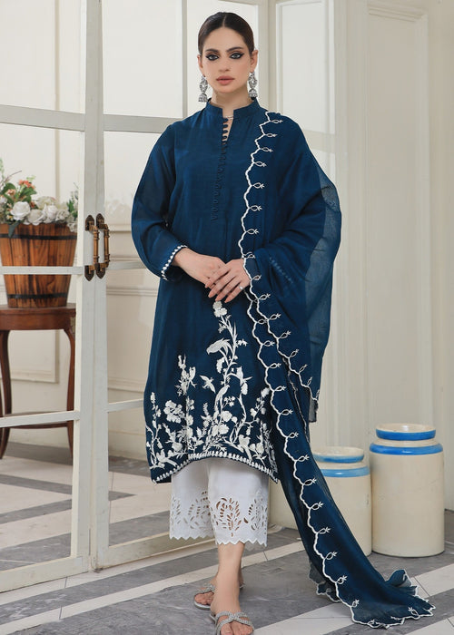 Teal blue embroidered semi formal front view

