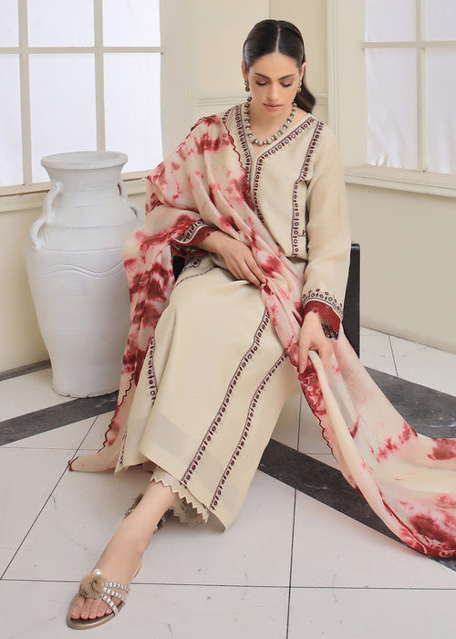 Beige embroidered semi formal with scalloped dupatta

