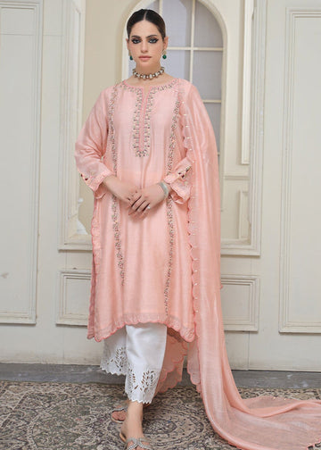 Front view of Rahima embroidered semi formal khadi silk outfit