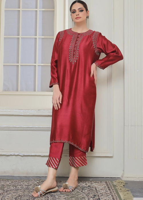 Maroon embroidered semi formal front view

