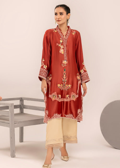 Rust embroidered semi formal khadi silk shirt

