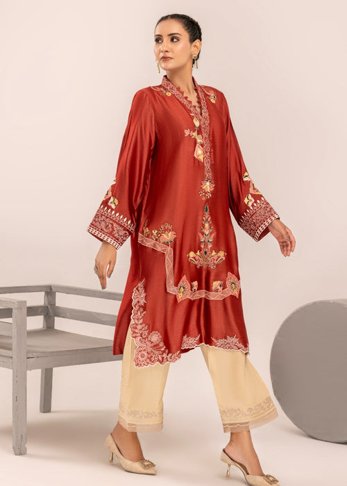 Rust embroidered semi formal khadi silk shirt

