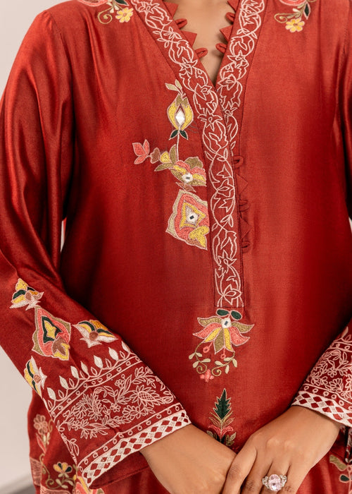 Saher Hamza rust embroidered semi formal dress

