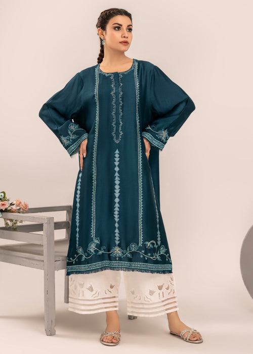 Teal blue embroidered semi formal front view

