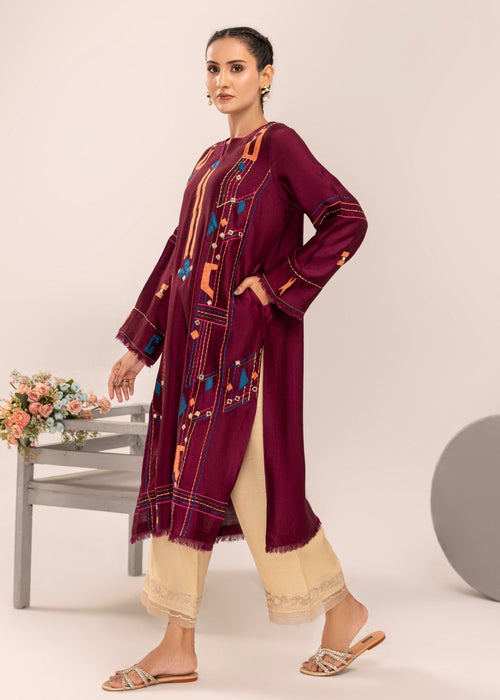 Plum embroidered semi formal shirt with applique

