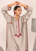 White cutwork pants with grey semi formal top

