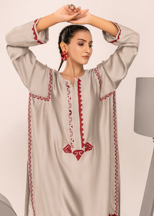 White cutwork pants with grey semi formal top

