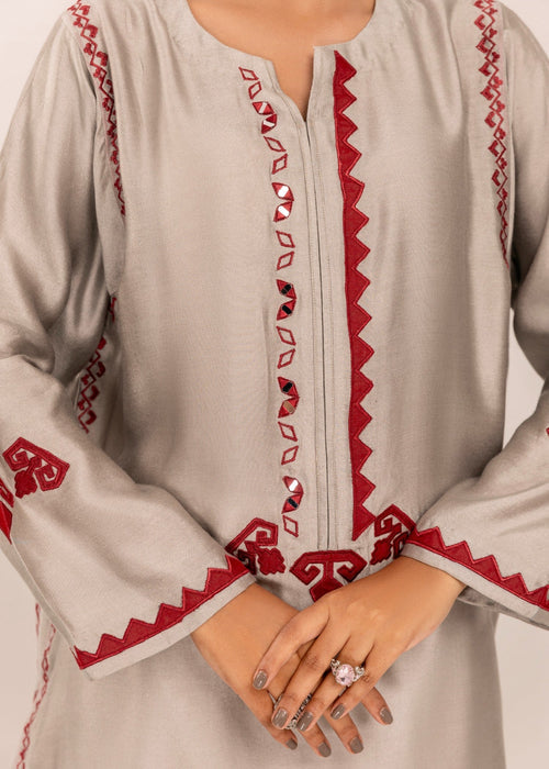 Saher Hamza grey embroidered semi formal set

