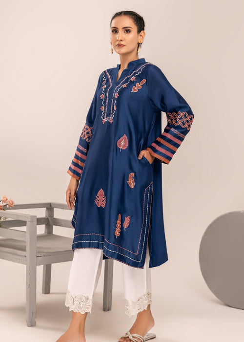 Navy blue embroidered semi formals khaddi silk shirt

