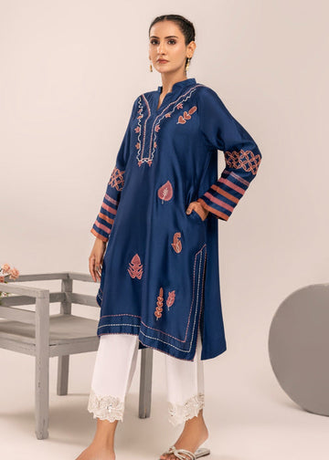Navy blue embroidered semi formals khaddi silk shirt

