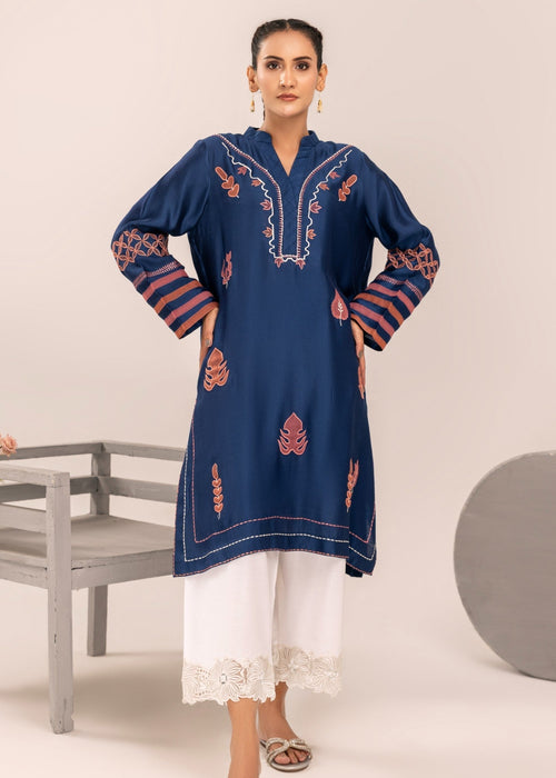 Navy blue embroidered semi formals khaddi silk shirt

