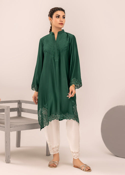Bottle green embroidered semi formals shirt


