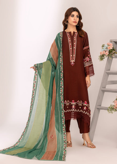 Brown embroidered semi formals with green dupatta

