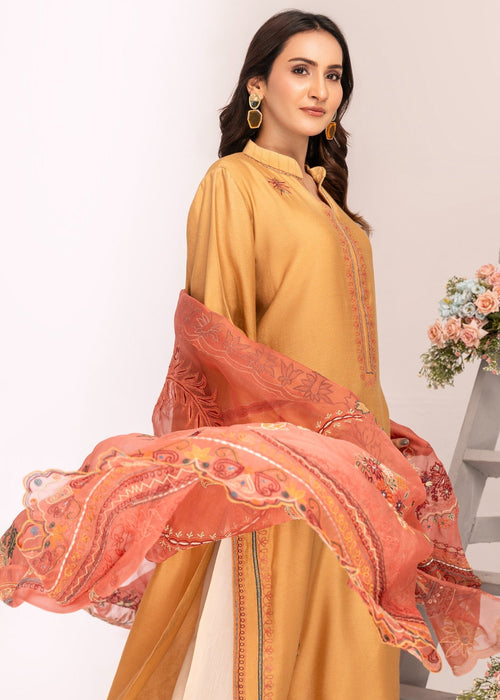 Side view of golden embroidered semi formal


