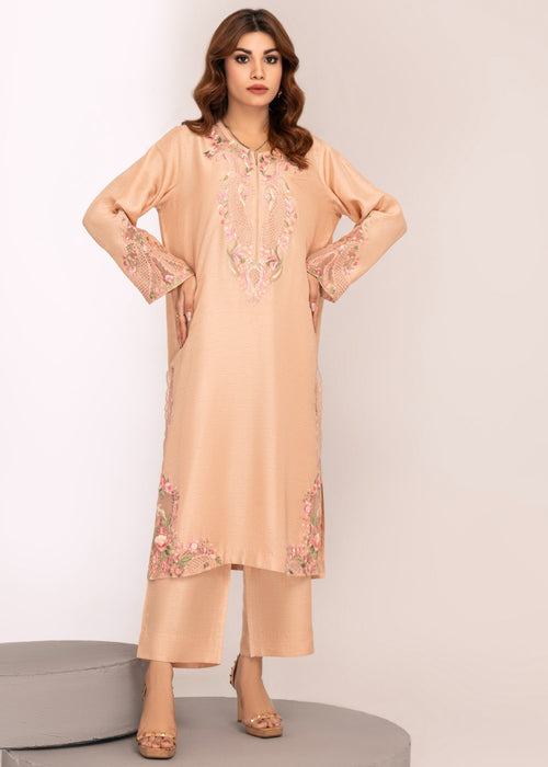 Peach embroidered semi formals raw silk shirt

