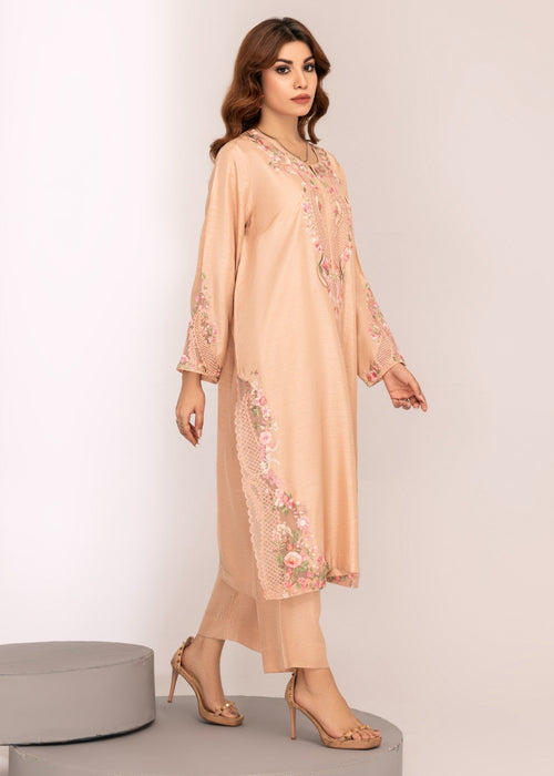 Peach embroidered semi formals raw silk shirt

