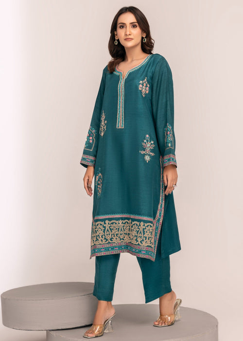 Teal embroidered semi formal raw silk outfit

