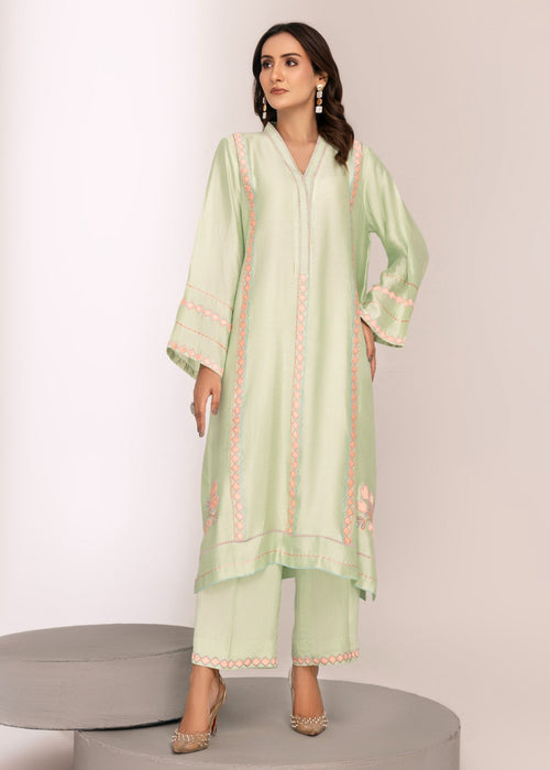 Apple green embroidered semi formal front view

