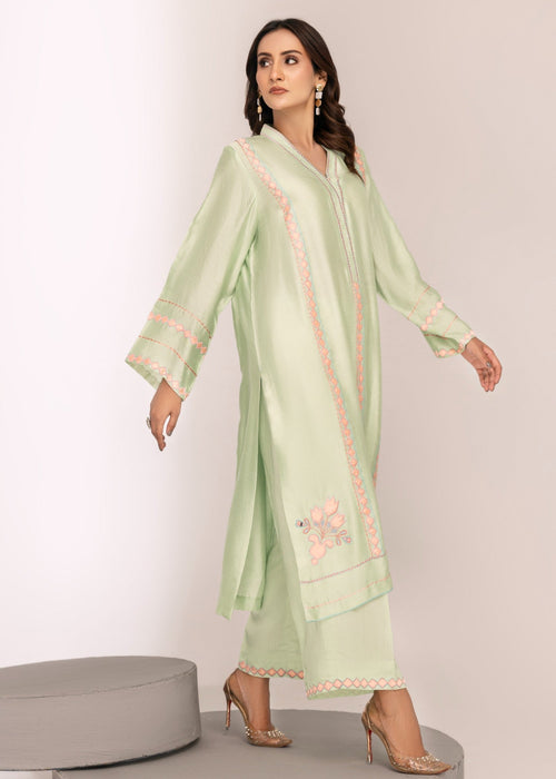 Apple green embroidered semi formal front view

