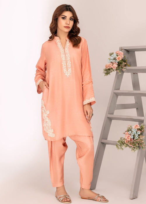 Tea pink embroidered semi formals raw silk shirt

