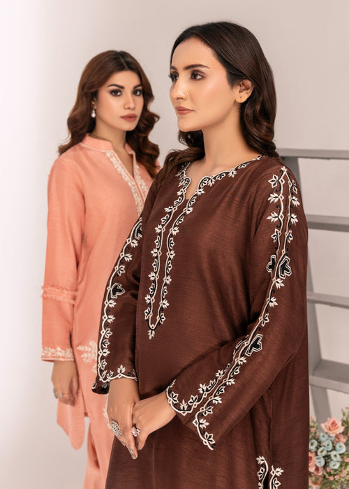 Model wearing chocolate semi formals in studio


