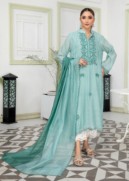 Light blue embroidered semi formals front view

