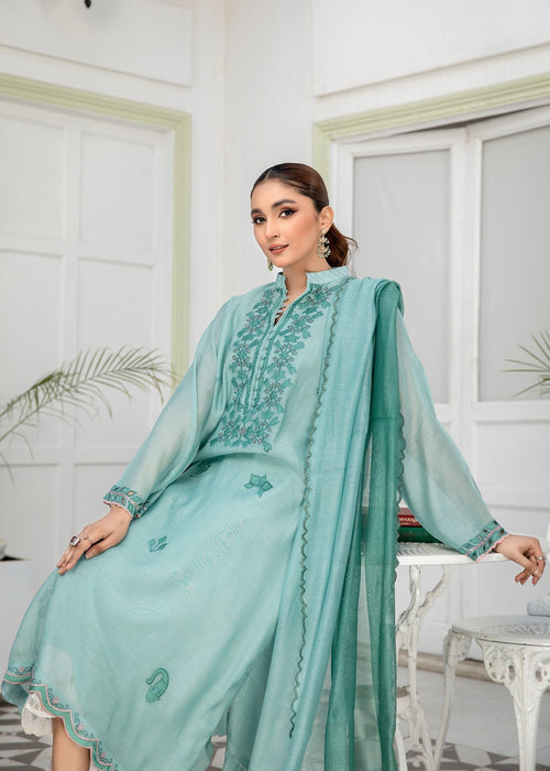Light blue embroidered semi formals front view

