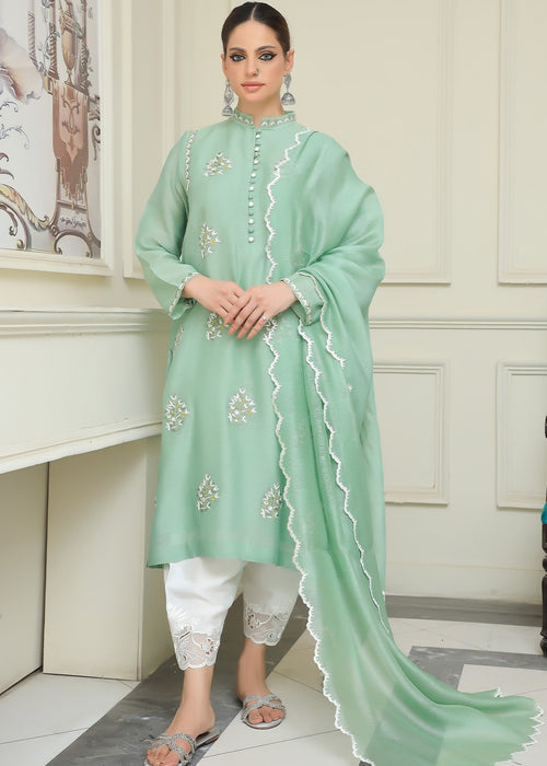 Sage green embroidered semi formal front view

