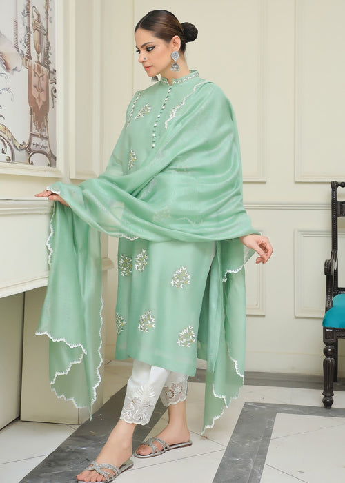 Embroidered semi formal with scalloped dupatta

