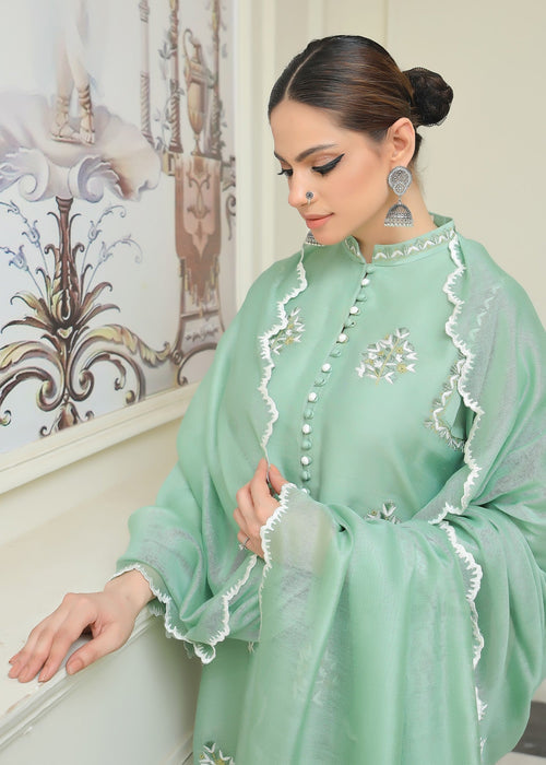 Side view of sage green semi formal dress


